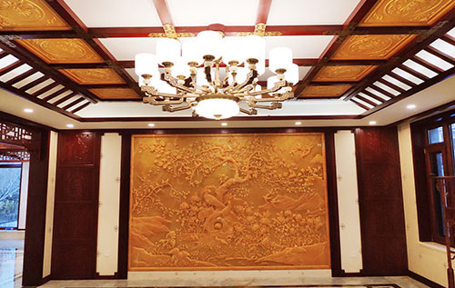 儋州中式别墅客厅中式木作横梁吊顶装饰展示
