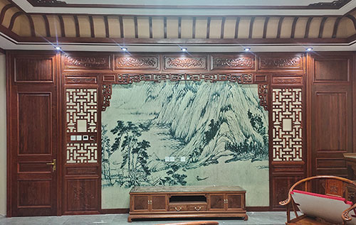 儋州中式仿古别墅客厅背景墙花格木作装饰